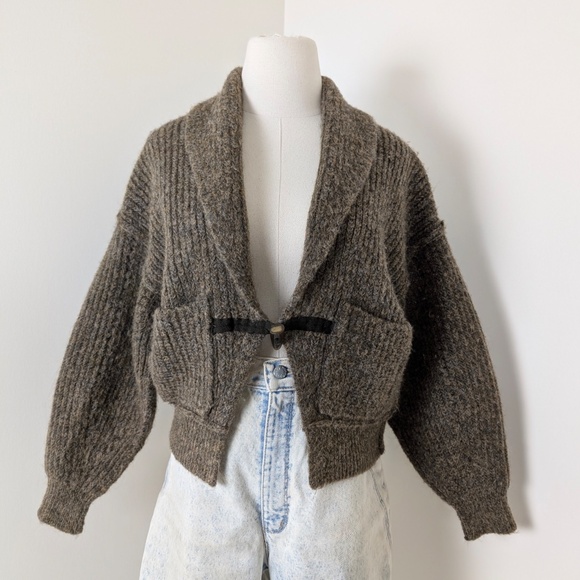 Tribal Knit Cardigan Cropped Long Balloon Sleeve Single Button Closure Collar - Picture 3 of 12